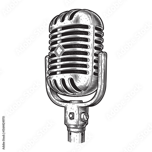 vintage microphone mic engraving woodcut vector illustration