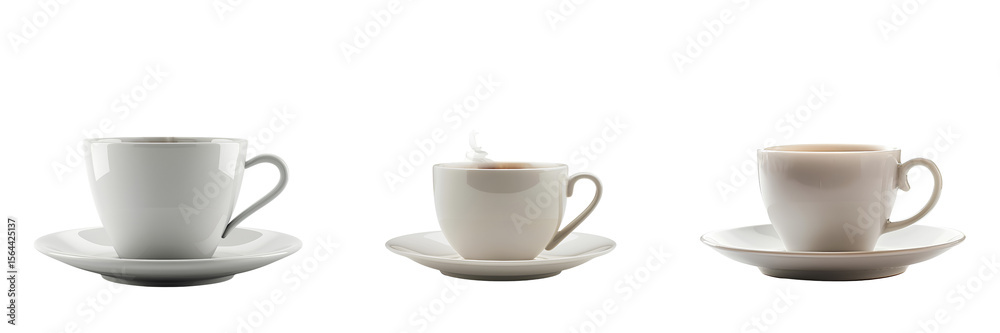 Obraz premium Set of white ceramic tea or coffee cups with saucers isolated on transparent background