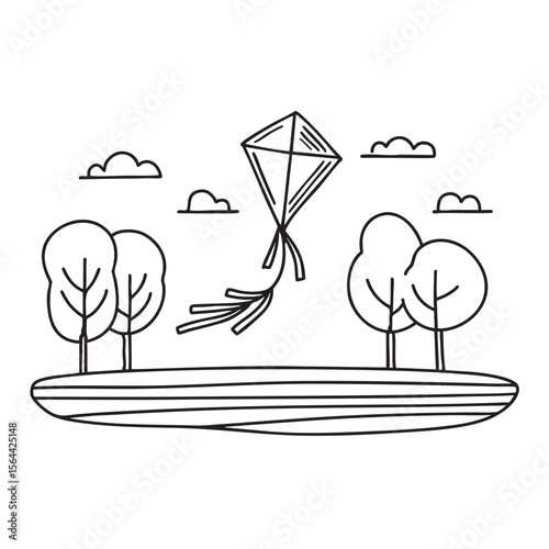A colorful kite flying high over a field with nearby trees