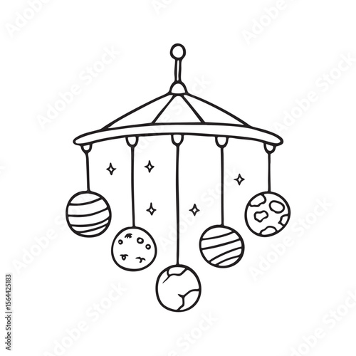 A hanging planet mobile placed near a baby’s bed