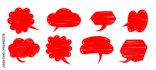 Set of Red Marker speech bubbles in Hand-drawn style ,  scribble brush strokes, chatting box, message box outline cartoon elements vector illustration	
