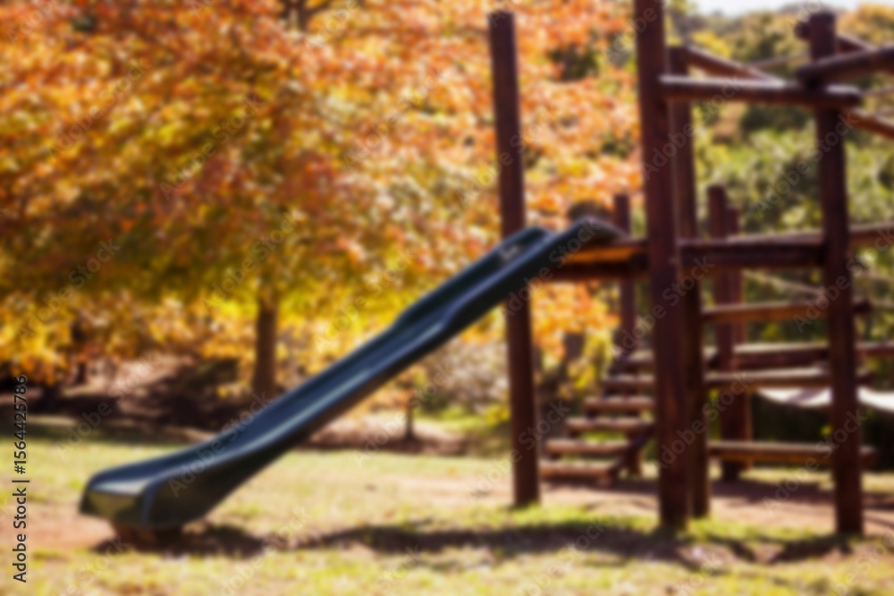 Naklejka premium Wooden playground structure is featuring green slide and ladder in flat design under autumn trees