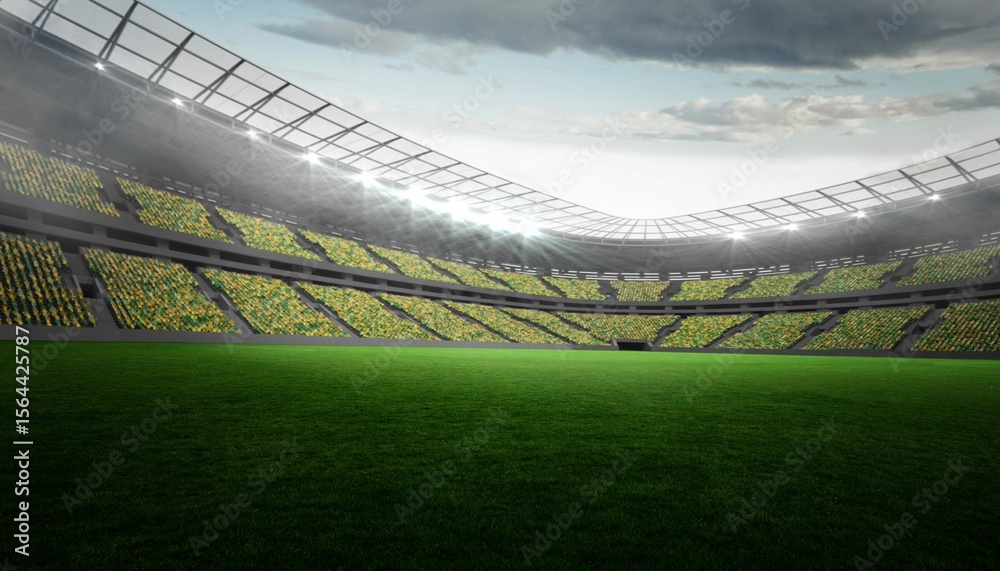 Obraz premium Flat design soccer stadium is showcasing grass pitch and tiered seating under floodlit arched roof