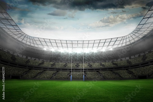 Rugby goal posts are standing in flat design stadium with blue padding, tiered seating, floodlights