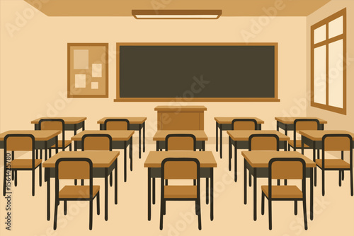 A flat design graphic of a modern school classroom interior. The composition is symmetrical, looking down the center aisle towards the front. The room features student desks, a teacher's lectern