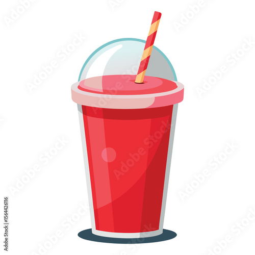 Refreshing red beverage in a clear plastic cup with a dome lid and striped straw isolated on white background
