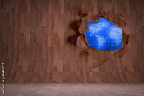 Rip on wall showing blue map
