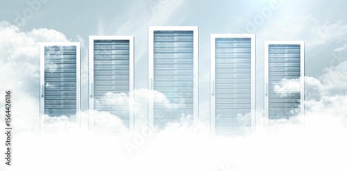 Five server cabinets are floating amid billowy clouds in flat design representing cloud computing