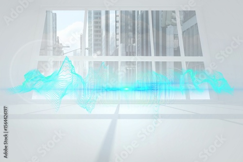 Floating cyan-blue 3D render waveform glowing above grid floor in minimal studio showing cityscape