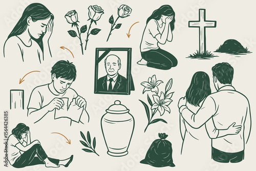 Grief Loss and Bereavement Concept Doodle Vector Illustration with Sad People Roses Flowers
