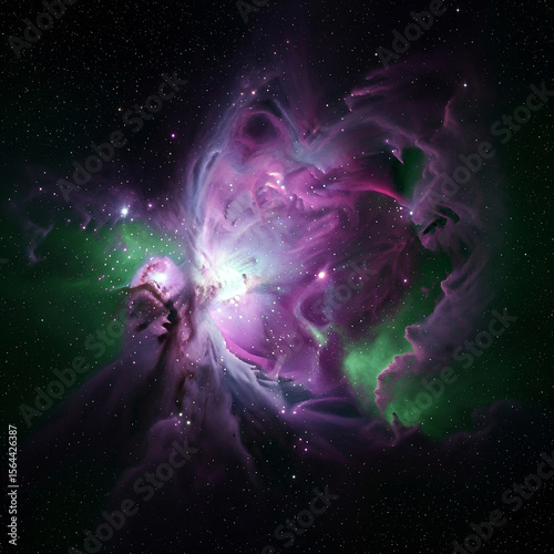 abstract space background with stars. cosmic nebula with purple and green gaseous clouds in dark night sky.
