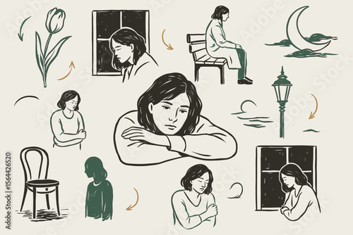 Conceptual illustration depicting melancholic woman in various pensive states of loneliness and