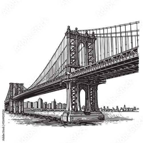 Manhattan Bridge Engraving Vintage Sketch of New York City Suspension Bridge and Landmark in Woodcut Style