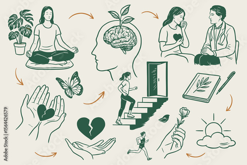 Wellness and Mental Health Journey Illustration Featuring Healing and Growth Concepts