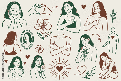 Self-Care and Love Illustrated Line Art Collection Emphasizing Body Positivity