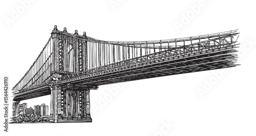 Manhattan Bridge Engraving Vintage Sketch of New York City Suspension Bridge and Landmark in Woodcut Style