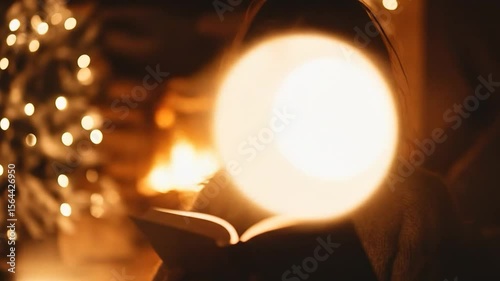 Woman Reading Book Illuminated by Glowing Lights in Cozy, Warm Setting