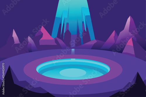 Mysterious alien landscape with glowing pool and light beam.