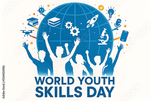 Youth skills celebration for world youth skills day, with triumphant figures and global icons representing diverse talents worldwide