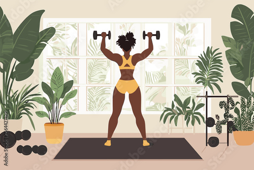 African woman lifting dumbbells in home gym, plants and mat in background, motivational fitness scene vector illustration