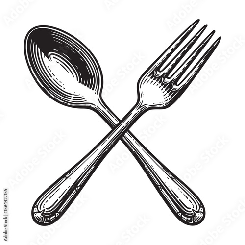 Crossed Spoon and Fork Engraving Vector Illustration
