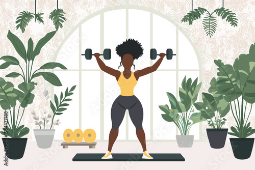 African woman lifting dumbbells in home gym, plants and mat in background, motivational fitness scene vector illustration