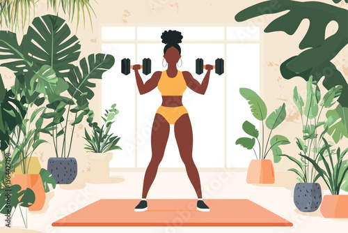 African woman lifting dumbbells in home gym, plants and mat in background, motivational fitness scene vector illustration
