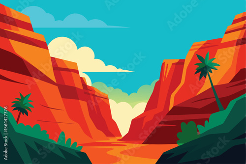 Vibrant Desert Landscape A Colorful Vector Illustration of a Canyon with Lush Palm Trees