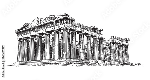 The Parthenon Engraving Vintage Sketch of Ancient Greek Temple Ruins and Classical Architecture in Athens
