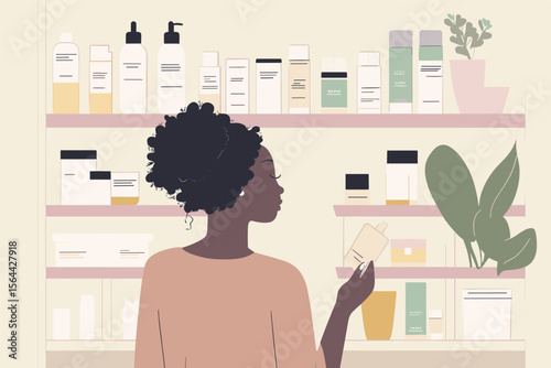 African woman organizing skincare products in cabinet, minimal packaging and pastel tones vector illustration