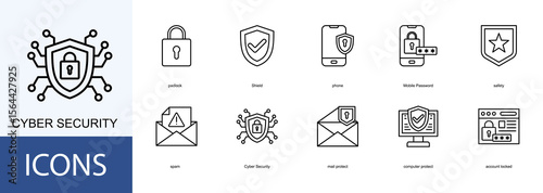 Cyber Security icon collection set. Containing padlock, Shield, phone, Mobile Password, safety icon.
