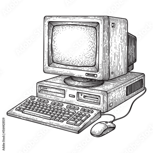 Retro Computer Engraving Vector Illustration