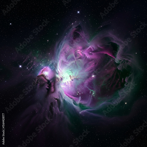 abstract space background with stars. cosmic nebula with purple and green gaseous clouds in dark night sky.
