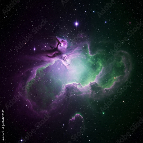 abstract space background with stars. cosmic nebula with purple and green gaseous clouds in dark night sky.