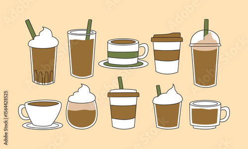 Hand drawn illustration of various coffee drinks in various cups with outline
