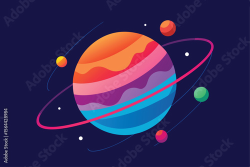 Colorful planet illustration with orbiting rings and several smaller celestial bodies, against a dark blue background.