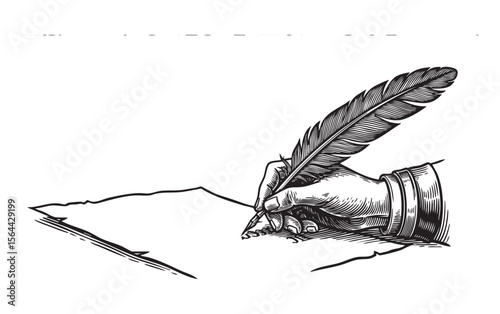 hand holding quill inkfeather pen writing on paper engraving vector illustration