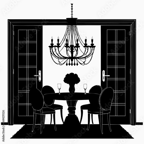 Black and White Dining Room Silhouette Crystal Chandelier Round Table Chairs Doors 1