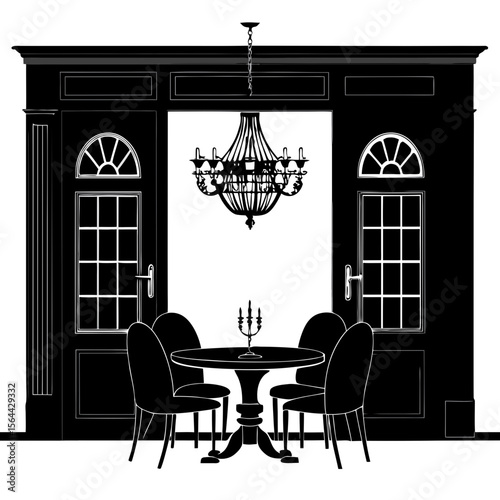 Black and White Dining Room Silhouette Elegant Chandelier Table Chairs Doors