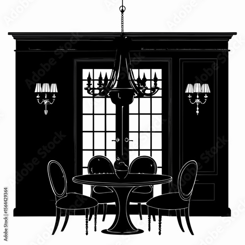 Black and White Dining Room Silhouette Elegant Chandelier Table Chairs