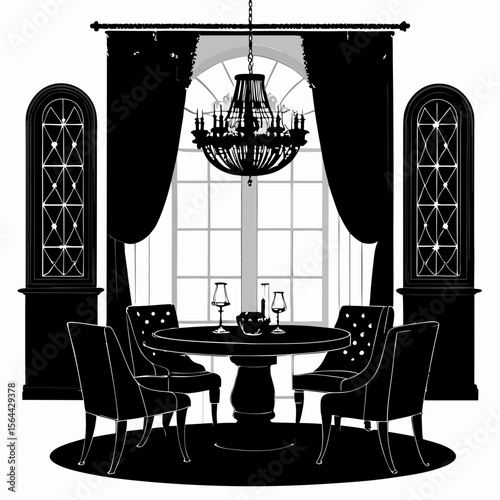 Black and White Dining Room Silhouette Elegant Table Chairs Chandelier