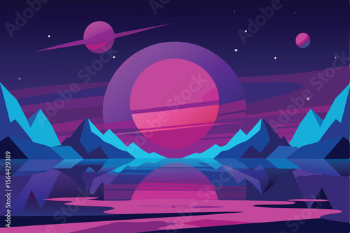 A vibrant illustration depicting a cosmic landscape, featuring planets, mountains, and a reflective water surface.