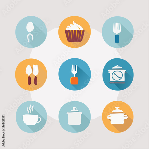 A clean vector set of food icons like forks, spoons, cupcakes, and mugs. Soft gradients and tidy layout make it ideal for modern kitchen and cooking themes.
