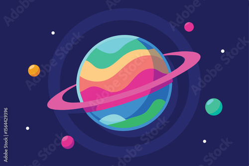 Colorful Planet Illustration with Orbiting Rings in a Cosmic Scene, A vibrant abstract planet floating in space with orbiting rings amidst cosmic background
