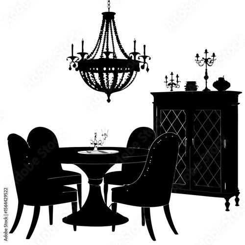 Black Silhouette Dining Room Setting with Chandelier and Cabinet