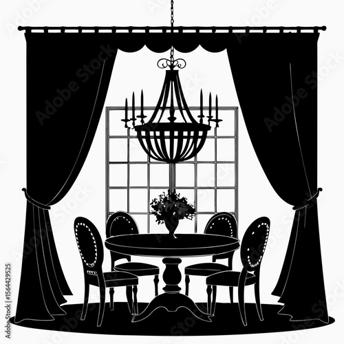 Black Silhouette Dining Room Setting with Chandelier and Curtains 2