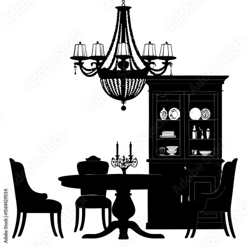 Black Silhouette Dining Room Setting Crystal Chandelier