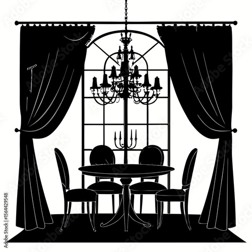 Black Silhouette Dining Room with Chandelier and Curtains
