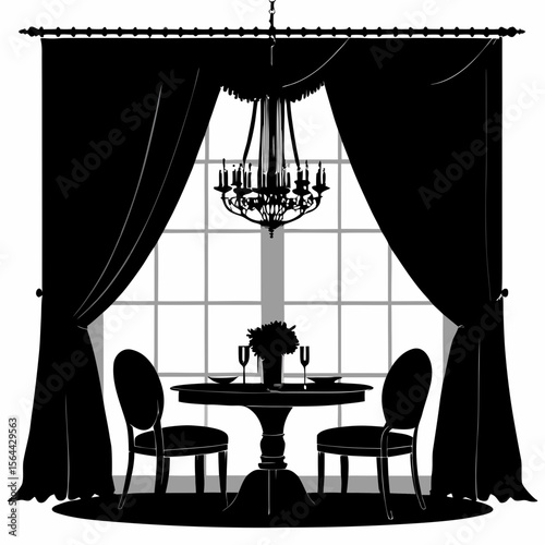 Black Silhouette Dining Room Window Curtains Table Chairs Chandelier