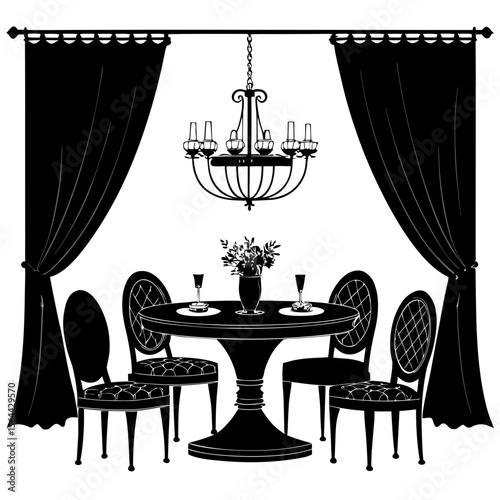 Black Silhouette Dining Room Setting with Chandelier and Curtains